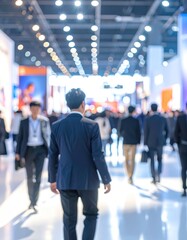 Blurred view of a crowd of people walking through a brightly lit convention center with a polished floor and many overhead lights