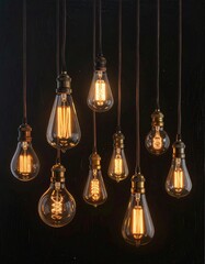 Edison-style light bulbs glow against a dark backdrop, suspended by cords. A warm light emits, creating a vintage aesthetic
