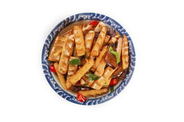 Traditional Chinese Stewed Bamboo Shoots with Smoked Bacon and Pork in Decorative Bowl