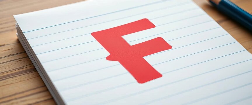 Close-up of a large red letter F grade on lined notebook paper,  test,  learning