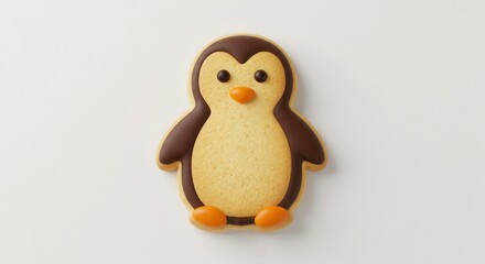 A charming penguin-shaped cookie, decorated with dark brown icing and orange accents, sits on a plain white background.