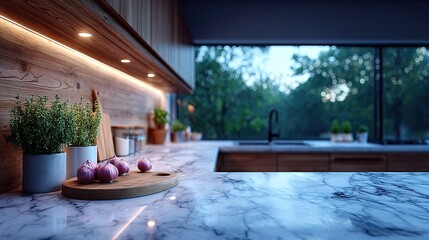 Modern Kitchen Interior with Marble Countertops and Garden View