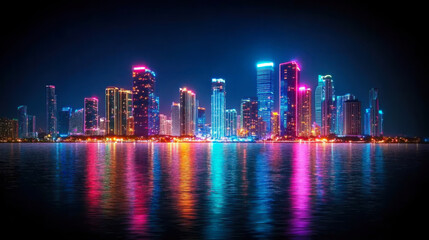 Obraz premium vibrant city skyline illuminated with colorful lights reflecting on water