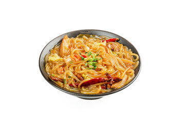 Traditional Chinese Sweet Potato Noodles with Pork and Vegetables in Black Bowl