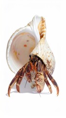 Close-up shows a hermit crab protruding from its beige and brown swirled shell, set against a stark white background