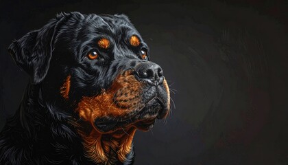 Rottweiler portrait with defined fur texture, warm golden eyes, and intense gaze against dark, painted background