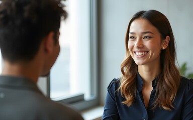 Interview with a happy, excited and confident human resources manager talking to a shortlist candidate for a job. Young business woman meeting with a colleague or coworker in her office at work