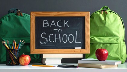 Back to School" chalk lettering is displayed on a chalkboard, framed by green backpacks, pencils, books, and red apples, creating a school scene