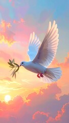 Digital art A white dove flies toward a setting sun, carrying an olive branch against a backdrop of beautiful pink and orange clouds