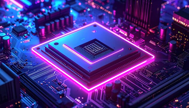 A glowing, futuristic circuit board with a central processor, illuminated with vibrant pink and blue neon lights, creating an advanced tech aesthetic