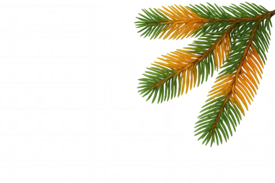 Pine tree branch showing brown and green needles, evergreen foliage with transparent background