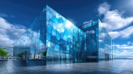 Modern Glass Building with Hexagon Pattern Reflecting Sky and Clouds Against a Blue Sky Background