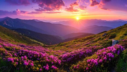 A vibrant sunset illuminates a mountain valley covered in blooming pink rhododendrons. Mountain ranges fade into the distance