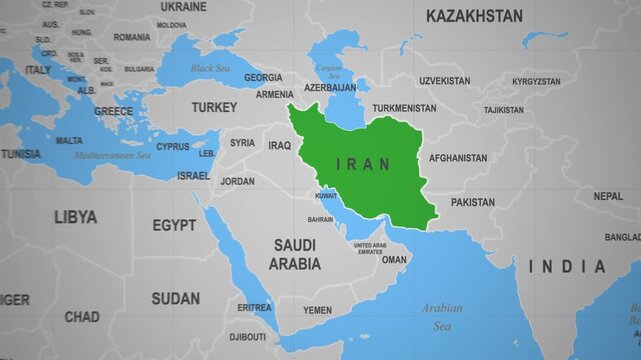 Iran Country Outlined on World Map 2D Animation Middle East Asia