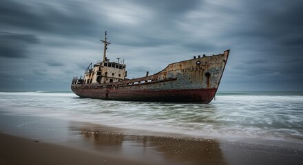 Dramatic shipwreck stranded on a misty shore with waves gently lapping the hull