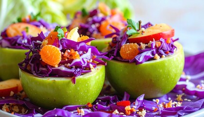 Stuffed green apples filled with vibrant red cabbage and mandarin orange slices, garnished with herbs and sesame seeds on a white plate