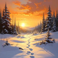 Winter's warm embrace sun shines over snowy path, pine trees, and clouds. Warm colors evoke a peaceful wilderness scene