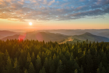 Aerial view of amazing mountain landscape. Bright colorful sunset in wild national park highlands. Dark spruce woods illuminated with yellow setting sun