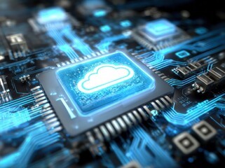 Close-up of a computer circuit board with a glowing cloud icon on a chip. Blue circuits weave beneath, suggesting data transmission and digital connectivity