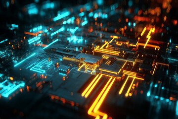 Obraz premium Futuristic glowing motherboard with yellow circuits