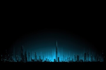 An abstract silhouette of a cityscape shines with a vibrant teal glow against a stark black backdrop, giving it a futuristic and modern aesthetic