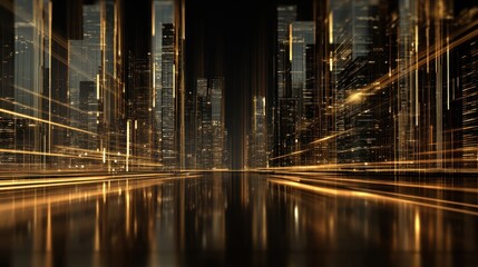 Abstract golden city skyline with blurred lights reflecting on a dark surface, creating a futuristic and dreamlike urban vista