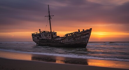 Obraz premium Shipwrecked vessel on beach at dramatic sunset with ocean waves and vibrant sky