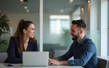 Obraz premium two business people talking in an office. one is a female, smiling. the other is a man, sitting at a table working on a laptop. generative AI. High quality
