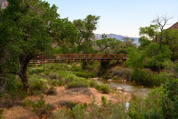Rustic pedestrian bridge over the Virgin River, outdoor recreation, Zion National Park, Utah
