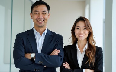 smiling business man and business woman standing. High quality