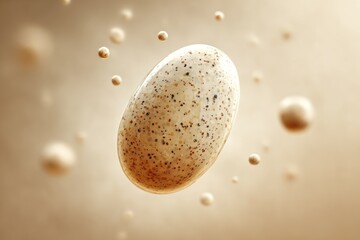 Abstract speckled ellipsoid floats amongst blurry orbs on a tan gradient background, suggesting depth and motion in a minimalist digital art piece