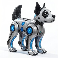 A silvery robotic dog with blue lights stands on a white surface. Features include a tail, ears, and mechanical details