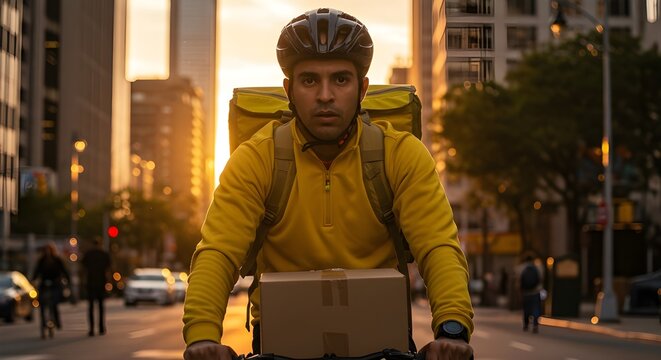 Close-up of delivery worker transporting merchandise on bicycle in urban street background