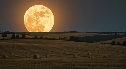Golden full moon rises over harvested fields with scattered hay bales at dusk