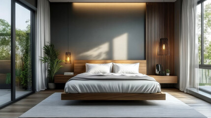 Modern minimalist bedroom with sleek gray walls, plush white comforter, and rich wooden furniture