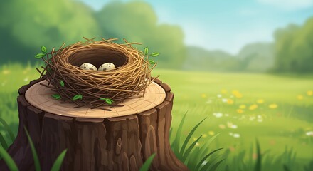 Birds nest with eggs on tree stump