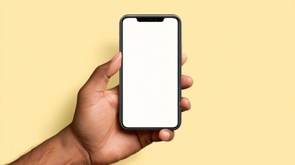 Dark-skinned hand holds a mobile phone with a blank white screen. The background is pale yellow. Simple and clean