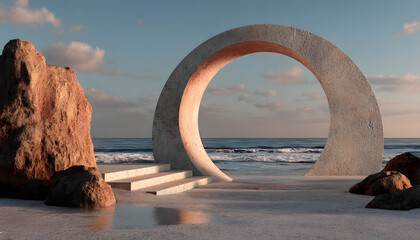 Fototapeta premium stone podium with a round arch sea landscape historical past for product presentation