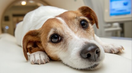 A small, tan and white dog lies inside an MRI machine, looking upward with wide, innocent eyes. Machine visible