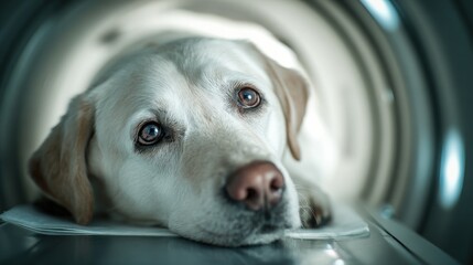 Cream-colored dog lies calmly inside a diagnostic imaging machine, its head resting on a pad, with a focused gaze and muted, medical setting