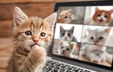 Adorable brown tabby kitten with paw in mouth, focused on laptop screen displaying a grid of cute cats, against a warm woodgrain background