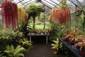 Lush plants hang within a greenhouse. Light illuminates a variety of ferns, flowering vines, and leafy foliage creating a serene, natural scene