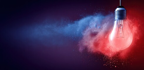An illuminated bulb with colorful powder bursts of red and blue, against a dark backdrop, symbolizes creative inspiration and the power of imagination