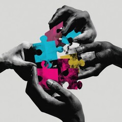 Hands of multiple individuals connect, each holding colorful puzzle pieces on a pale backdrop. Teamwork and unity metaphor concept