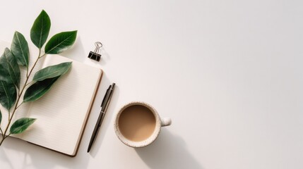 Top-down view of an open notebook, pen, binder clip, coffee mug, and leafy branch, all arranged on a white background with soft shadows