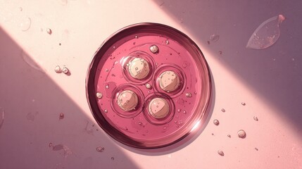 Petri dish viewed from above, filled with reddish liquid and four spherical objects, bathed in light, against a soft, pastel pink background