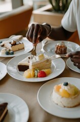 An African man enjoys a dessert buffet of various cakes with colorful fruit toppings, served on white plates in a bright, casual setting