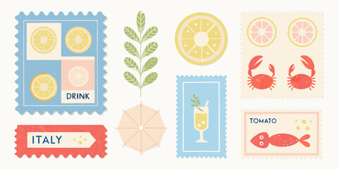 Collection of charming illustrated stamps featuring italian summer themes like citrus fruits drinks and seafood