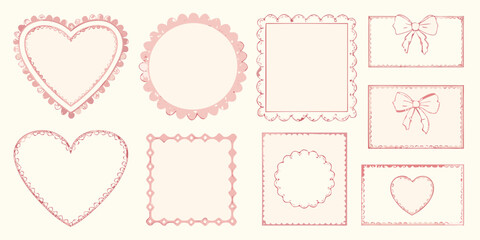 Collection of hand drawn pink decorative frames and borders with hearts and bows for scrapbooking and design