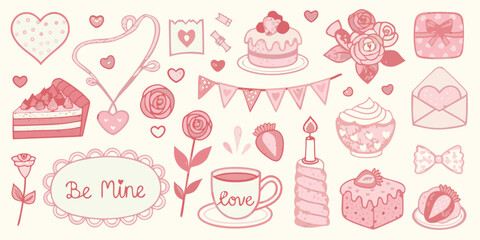 Charming pink valentine s day elements collection featuring hearts cakes flowers and love messages